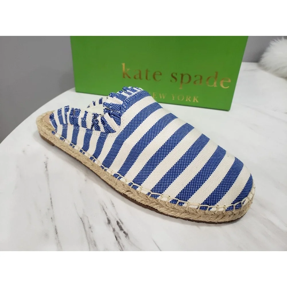 NEW Kate Spade SZ 10 Blue Striped Canvas Laila Espadrilles Mules Nautical Cruise